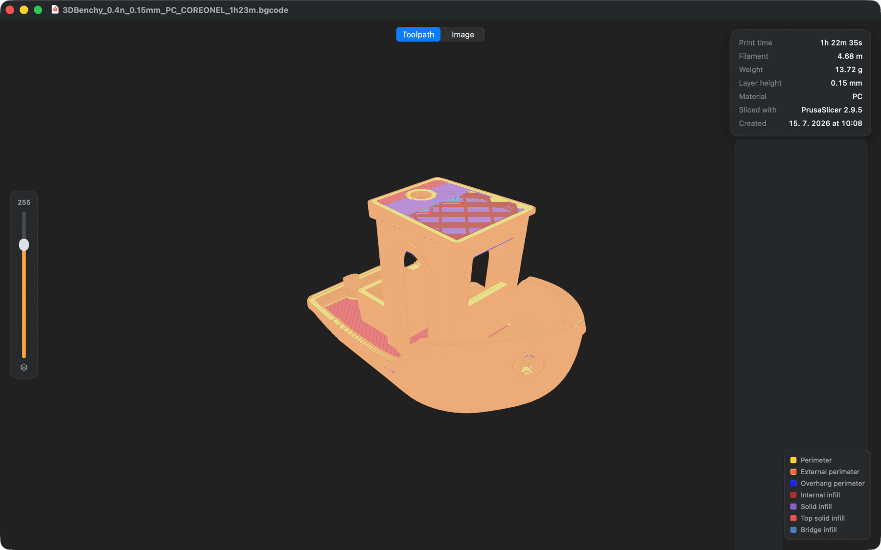 Preview3D에 표시된 3DBenchy 툴패스. 종류별 색 구분, 레이어 슬라이더, 범례 포함