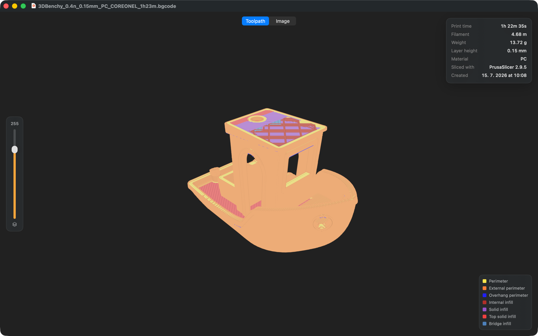 A 3DBenchy G-code toolpath in Preview3D, coloured by feature type, with a layer slider and a legend