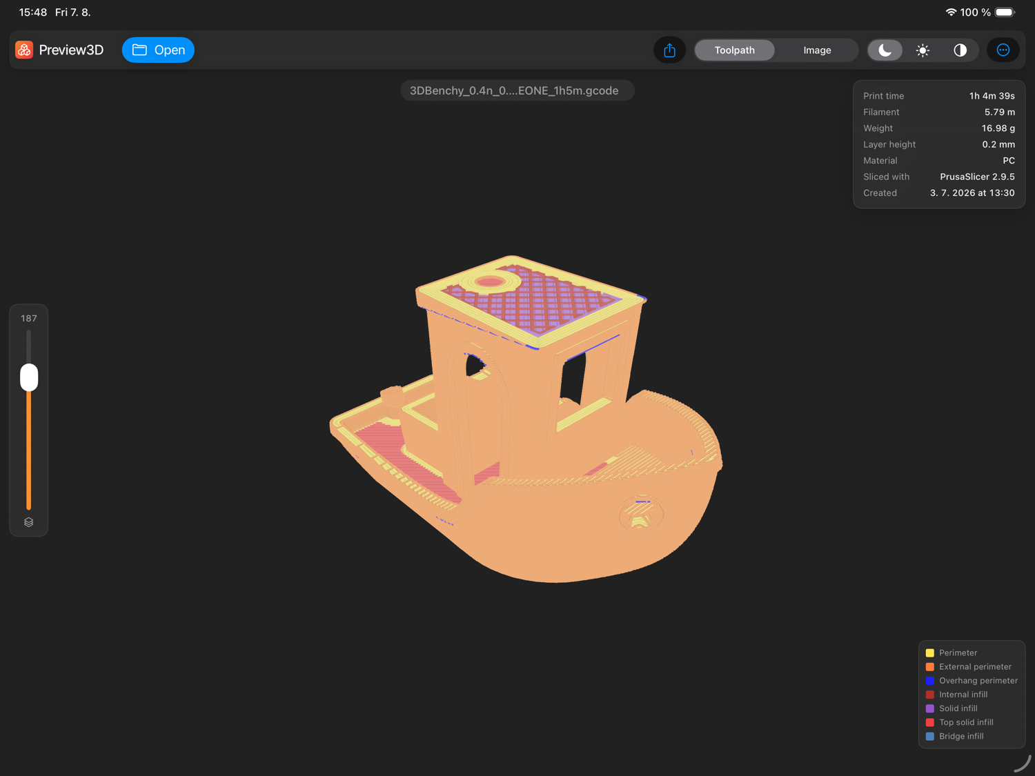 G-code toolpath on iPad — coloured by feature, with the layer slider and the print stats
