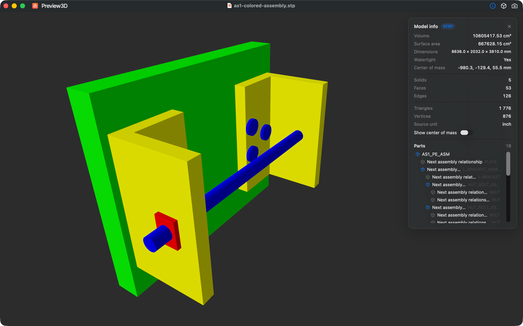 Colored STEP assembly with the part tree and live measurements