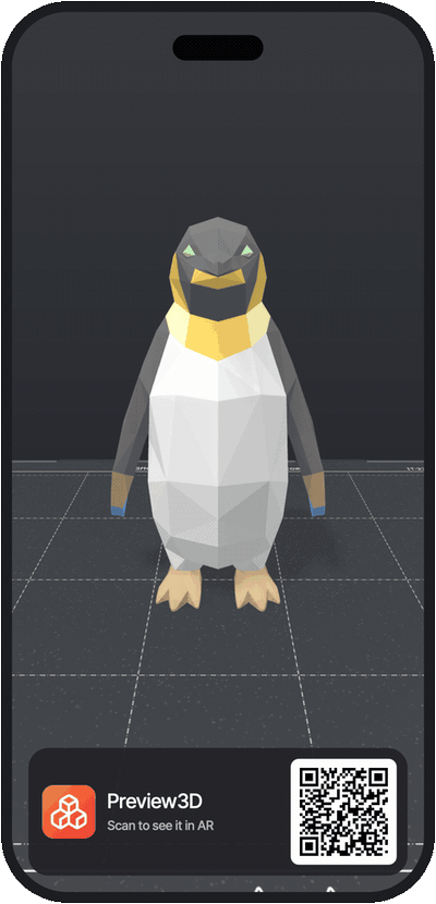 A penguin from our Low Poly ZOO collection — the model turning on an iPhone, with the Preview3D card and its QR code below