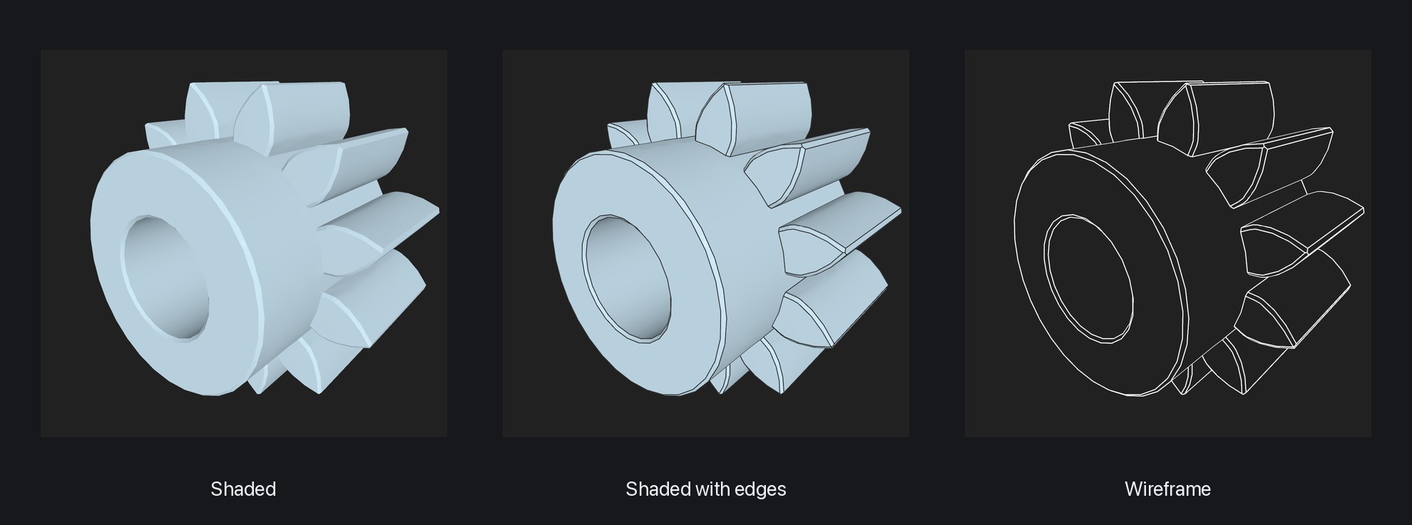 The same gear in three display modes: shaded, shaded with edges and wireframe