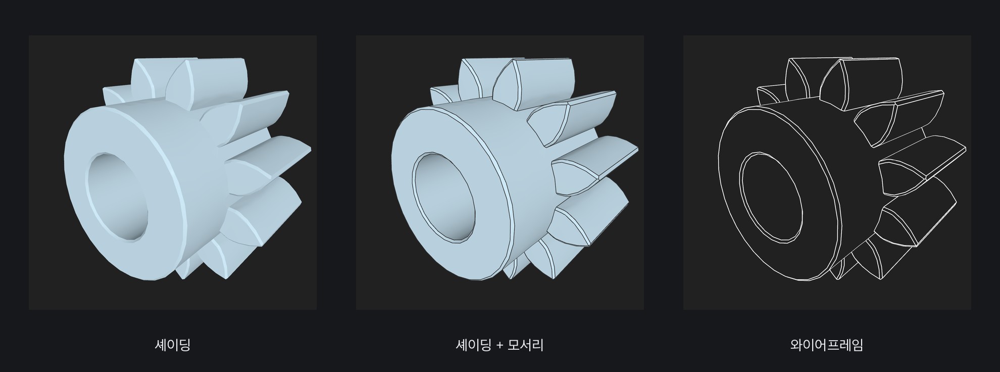 같은 기어를 세 가지 보기 모드로: 셰이딩, 셰이딩 + 모서리, 와이어프레임