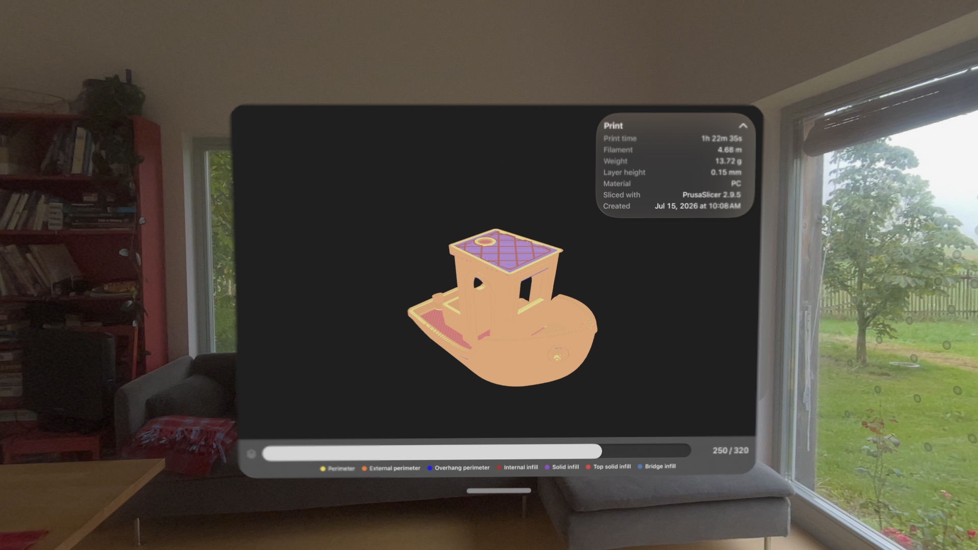G-code en Vision Pro — la trayectoria con su control de capas y los datos de impresión